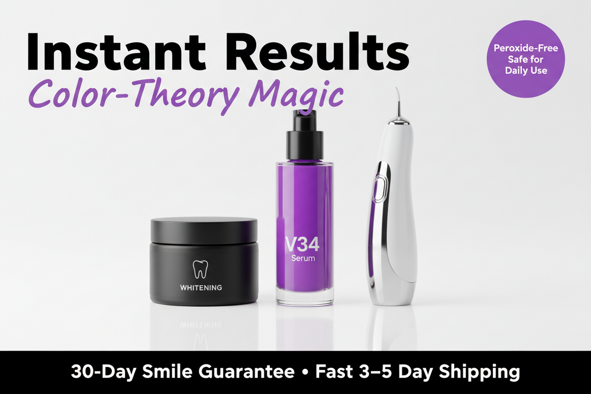 V34 purple teeth whitening serum bottle, black whitening cream jar, and dental applicator tool.